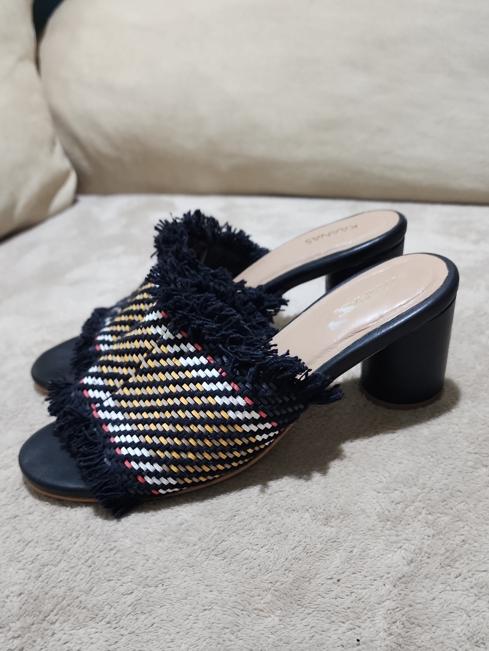 Like New Kaanas Black Woven Fringe  Sandals with Mustard, White & Red Accents